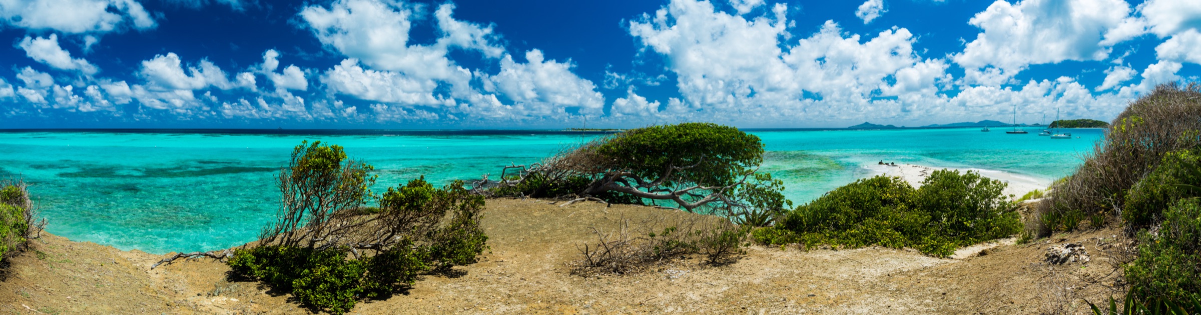 Panoramic shoreline and brilliant water in the Tobago Cays